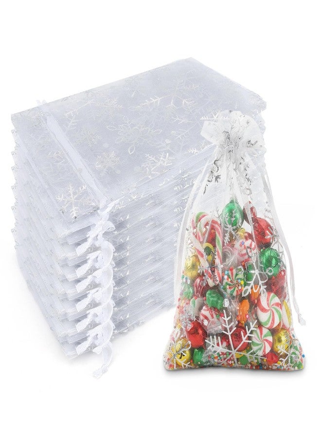 Linsuminn Snowflake Organza Gift Bags, Christmas Organza Bags 4"x6", 60 PCS Silver Snowflake Mesh Bag Drawstring Party Favor Bag, Small Mesh Gift Pouch Jewelry Mini Candy Pouch for Christmas Winter Party Supply - Image 1